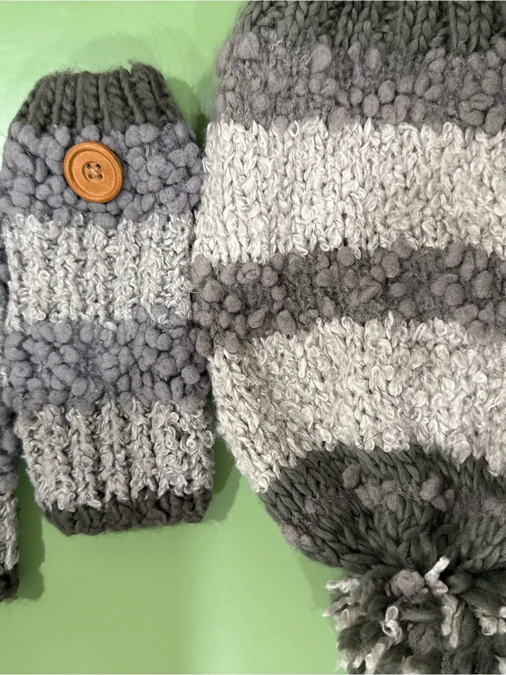 Striped Gray Knit Pom Beanie and Mittens Set with Button Accent